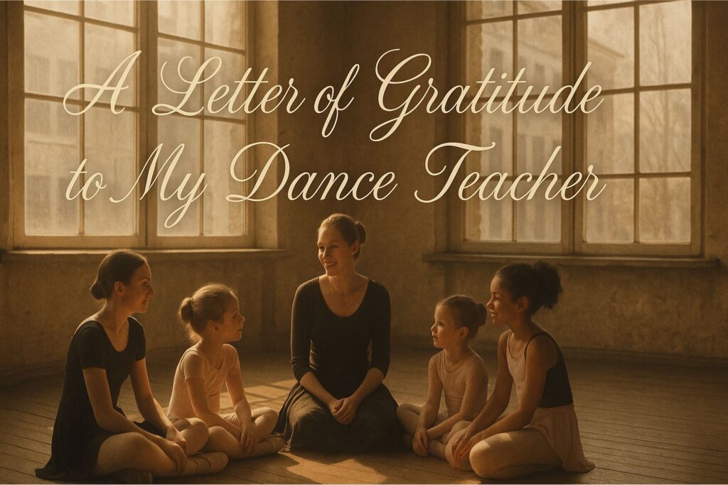 Long Thank You Message for Dance Teachers Templates – Dance teacher sharing heartfelt moment with students in vintage studio