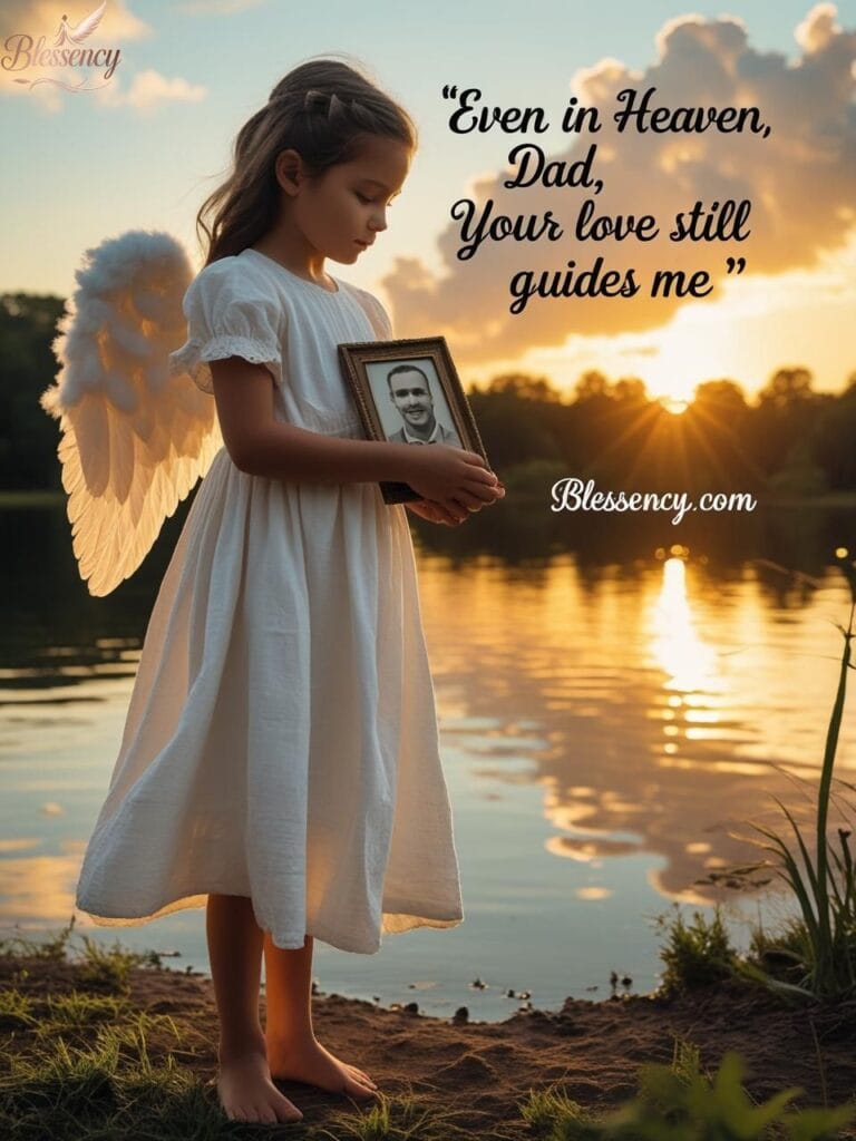 Grieving daughter remembering her late father with a touching tribute quote, emotional heaven-inspired loss of dad image for daughters – heartfelt memorial scene at sunset – Blessency.com
