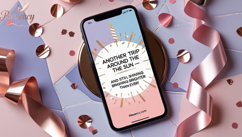 Stylish flat lay of smartphone showing modern birthday message, rose-gold confetti and pastel marble background — perfect trendy birthday wishes for social media.