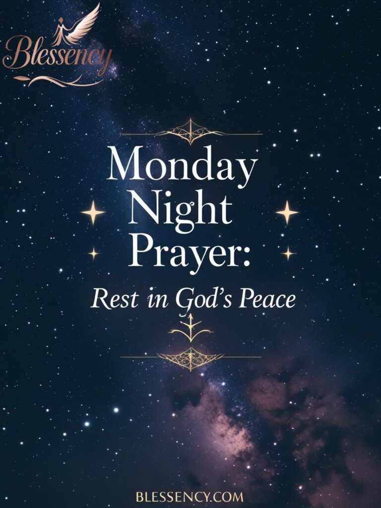 Good morning Monday blessings and prayers image with sunrise and spiritual quote | Blessency.com