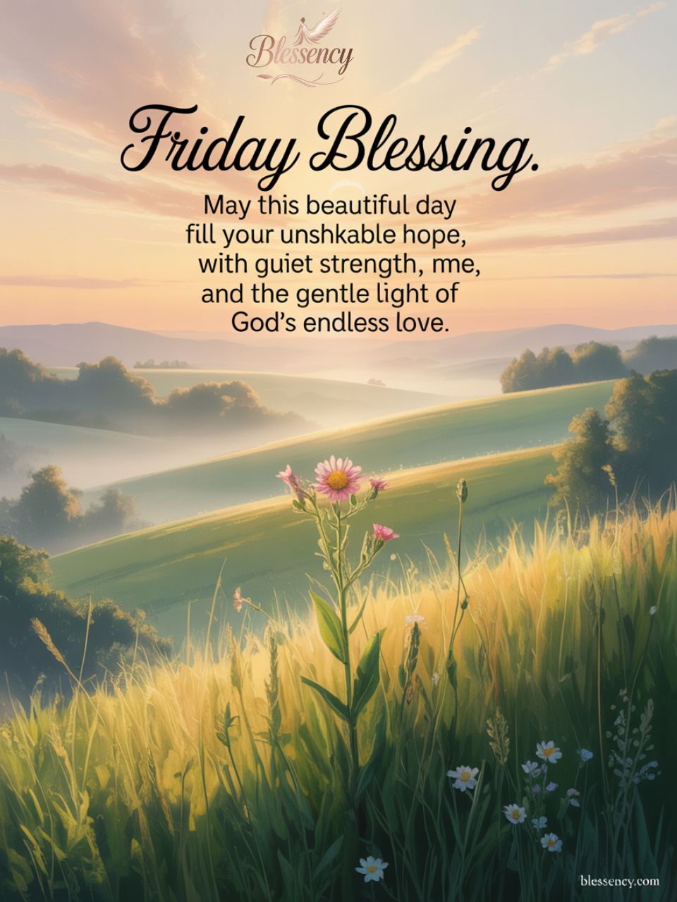 A soft 16:9 sunrise image with gentle mist and wildflowers, featuring elegant overlay text: “Friday Blessing: May this beautiful day fill your heart with unshakable hope, quiet strength, and the gentle light of God’s endless love,” with subtle blessency.com watermark.