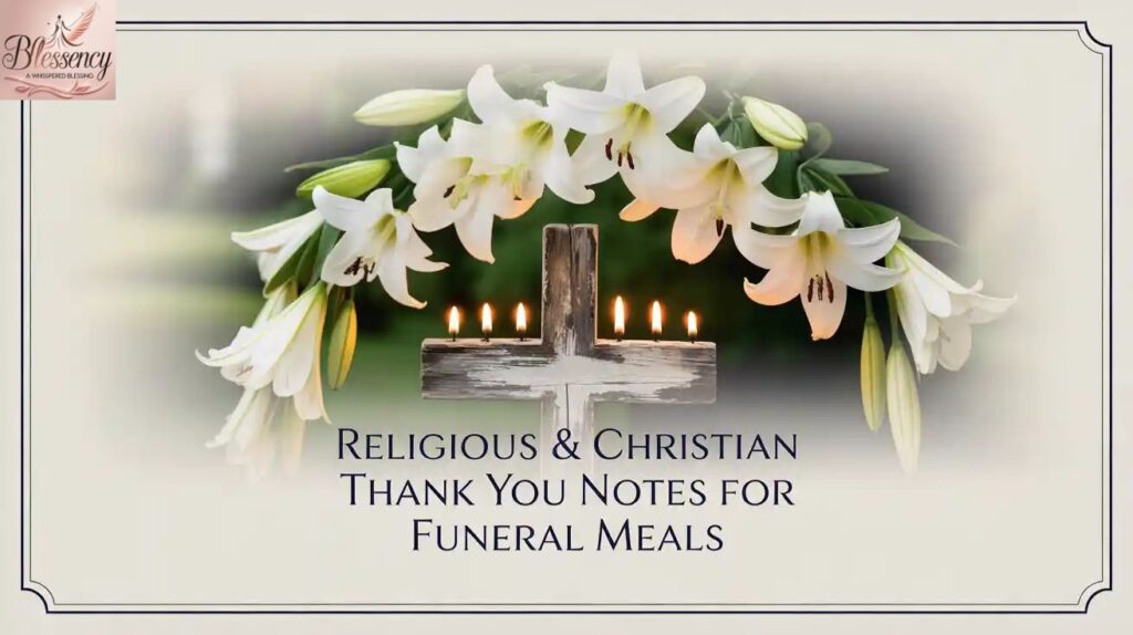 Christian funeral thank you card design with cross, lilies, candles for Religious & Christian Thank You Notes for Funeral Meals.

