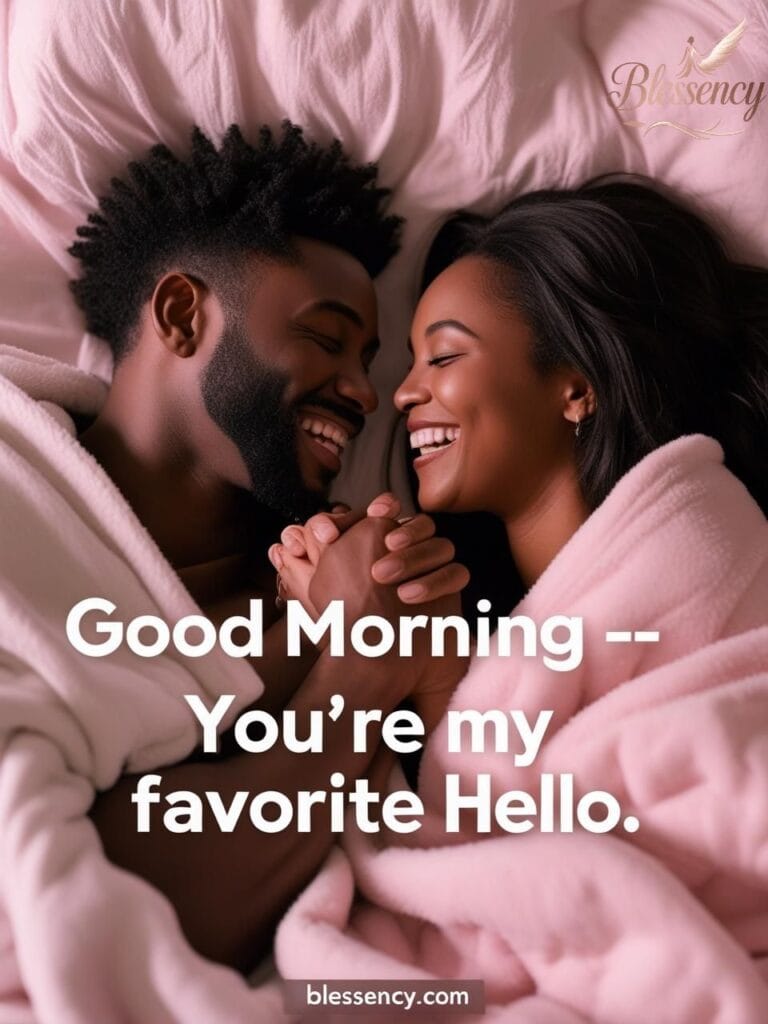 “Black couple laughing in bed – romantic morning quote image – blessency.com”
