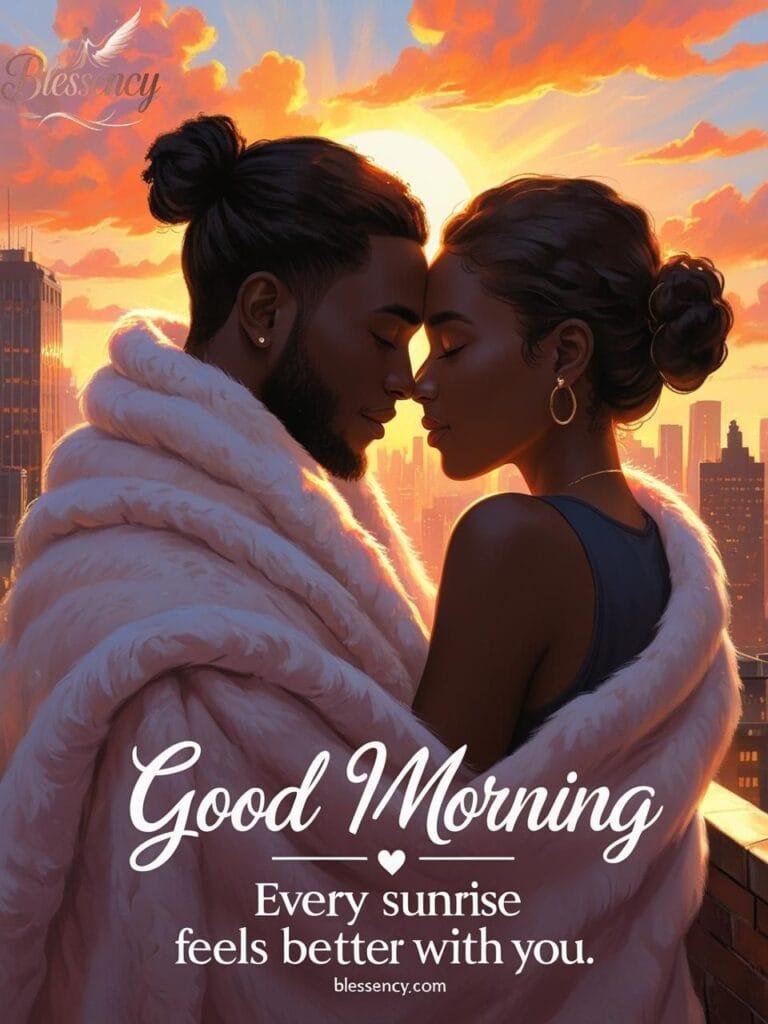 “Black couple cuddling at sunrise – romantic good morning image – blessency.com”