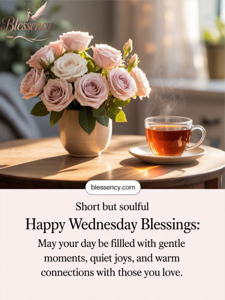 “Short but Soulful Happy Wednesday Blessings image with warm sunrise light, cozy flowers and tea scene, heartfelt text overlay, and Blessency.com watermark.”