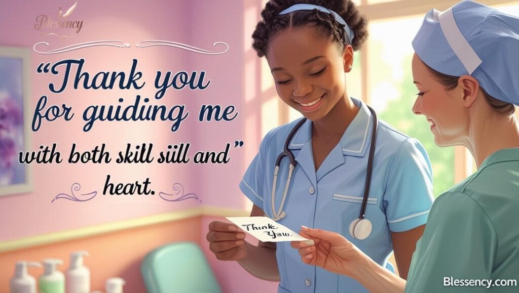 Short student nurse thank you message to hospital staff, featuring a heartfelt moment between student and mentor. Image represents Student Nurse Thank You Messages to Staff and Nurse Thank You Note Examples. Emotional appreciation visual with LSI keywords like nurse gratitude message, thank you note for nurse, and student nurse appreciation quote.