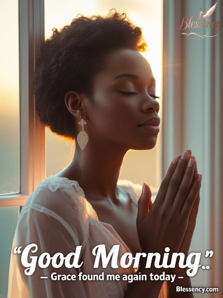“Black woman praying with morning light – peaceful spiritual good morning image – blessency.com”
