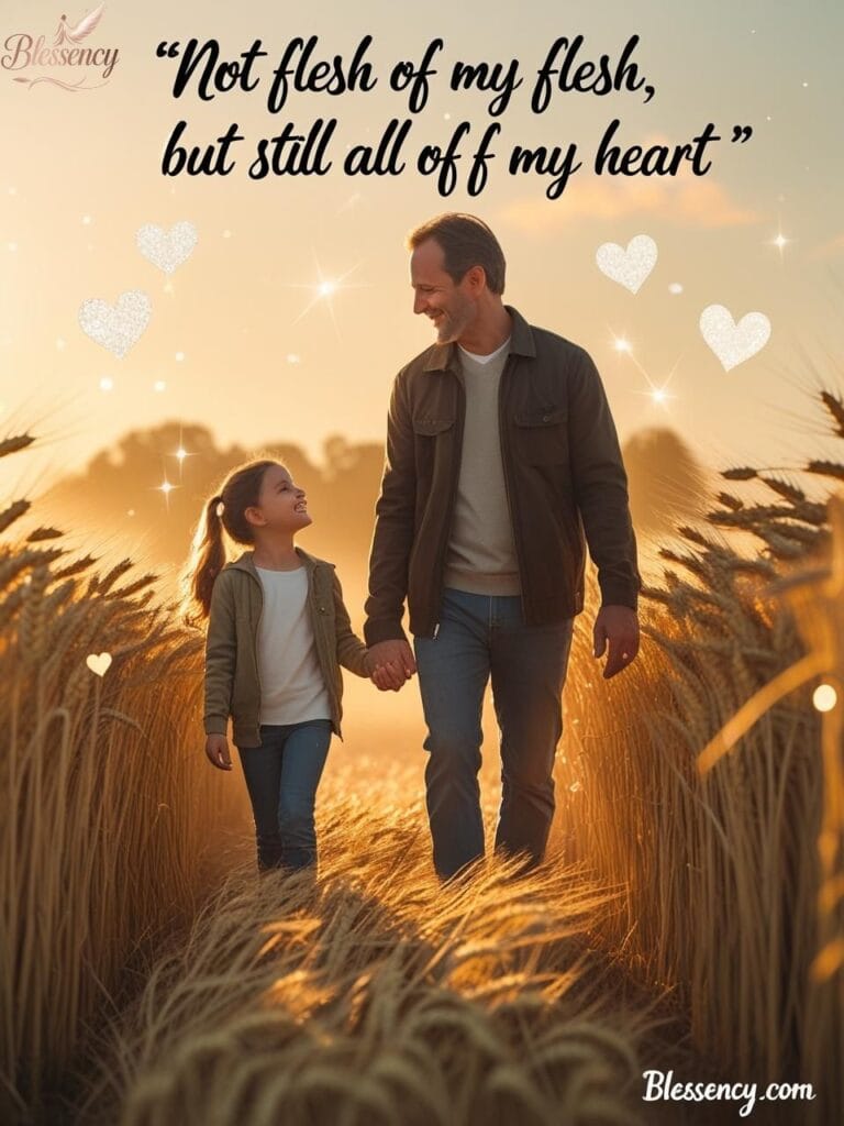 Touching stepfather and daughter illustration in golden sunset – heartfelt stepfather quotes from daughter about love beyond biology – emotional father-daughter bond image for Father’s Day and blended families – Blessency.com inspirational family love quote.