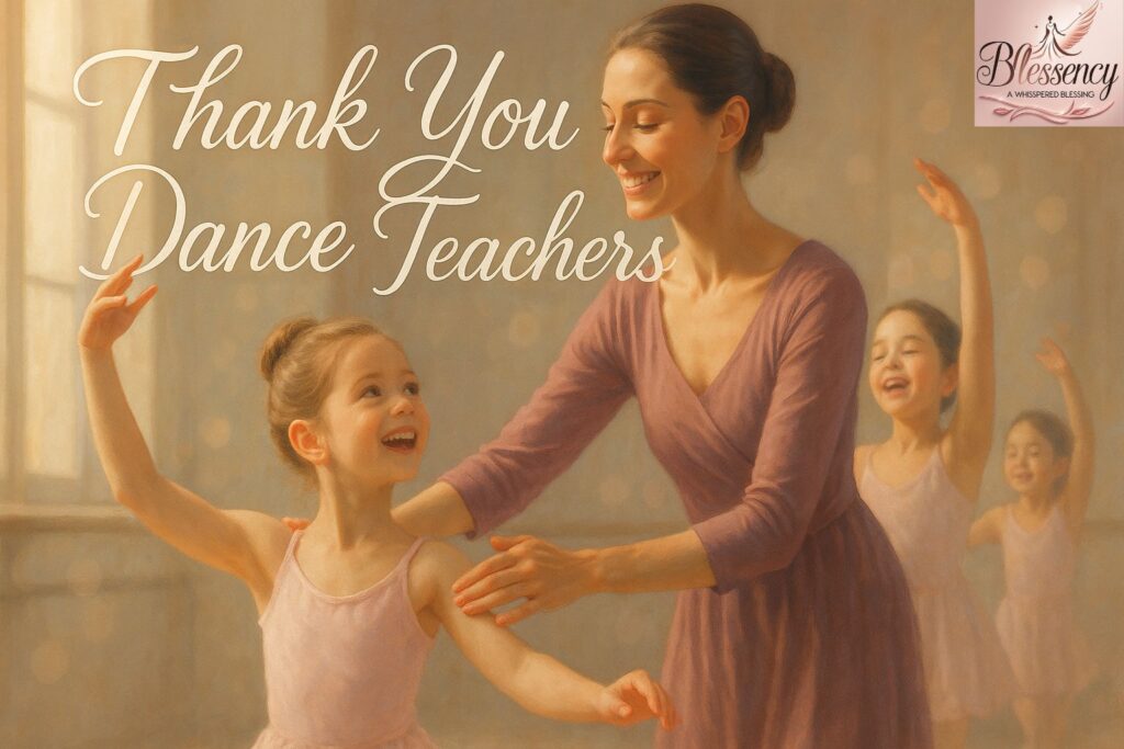 Thank You Messages for Ballet Teachers – Elegant studio scene with teacher guiding students in pink tutus