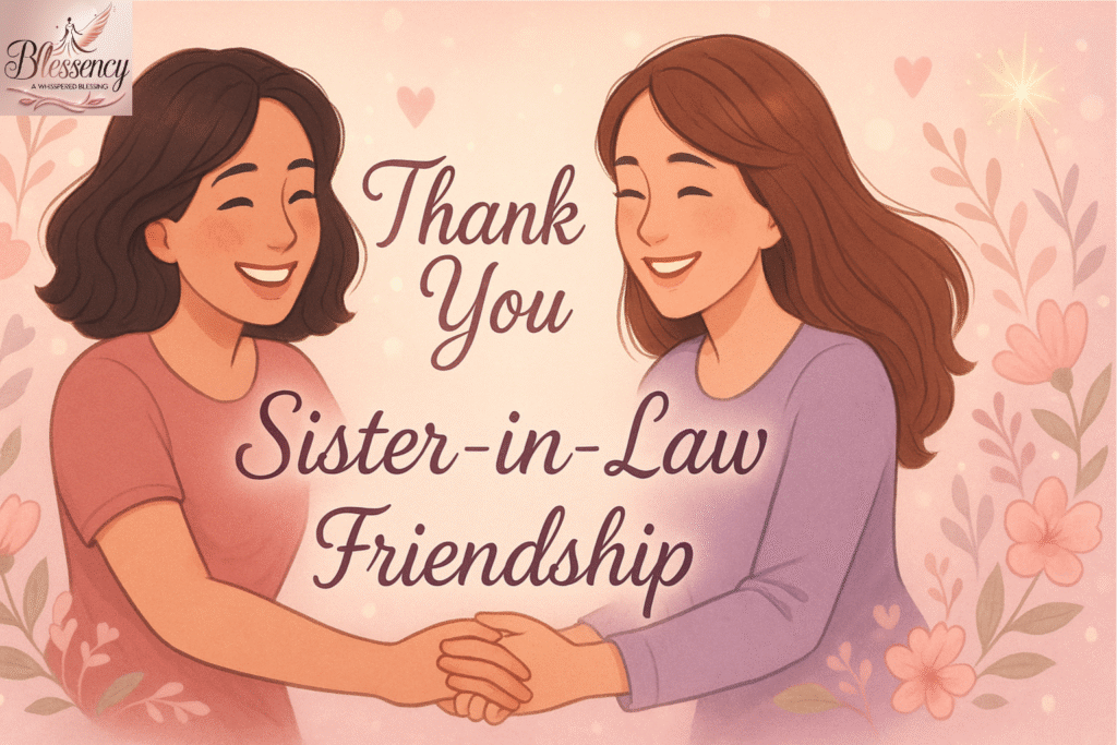 A touching illustration of two women showing appreciation and friendship, with floral background and the words “Thank You”, “Sister-in-Law”, and “Friendship.” Ideal for a blog about Thank You Messages for Sister in Law Support and Friendship.