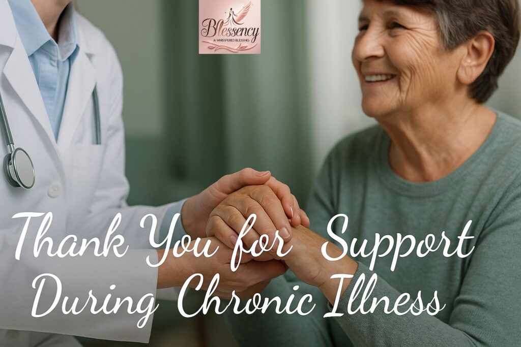 “Thanks For Support During Chronic Illness – Doctor or nurse comforting patient with gentle, caring expression.”

