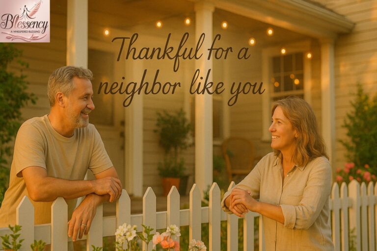 A warm, welcoming porch scene with two Thank You Good Neighbor Note Messages Quotes talking over a white picket fence, bathed in golden sunset light. Include soft green plants, blooming flowers, and string lights for a cozy, friendly atmosphere. Overlay an elegant handwritten-style text that says: “Thank you for being such a wonderful neighbor.” The design should feel heartfelt, emotional, and modern — perfect for sharing as a gratitude quote image.
