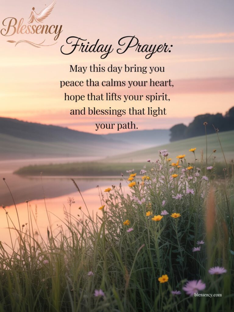 A peaceful, uplifting 3:4 sunrise image with gentle mist and wildflowers, featuring elegant overlay text: “Friday Prayer: May this day bring you peace that calms your heart, hope that lifts your spirit, and blessings that light your path,” with subtle blessency.com branding.