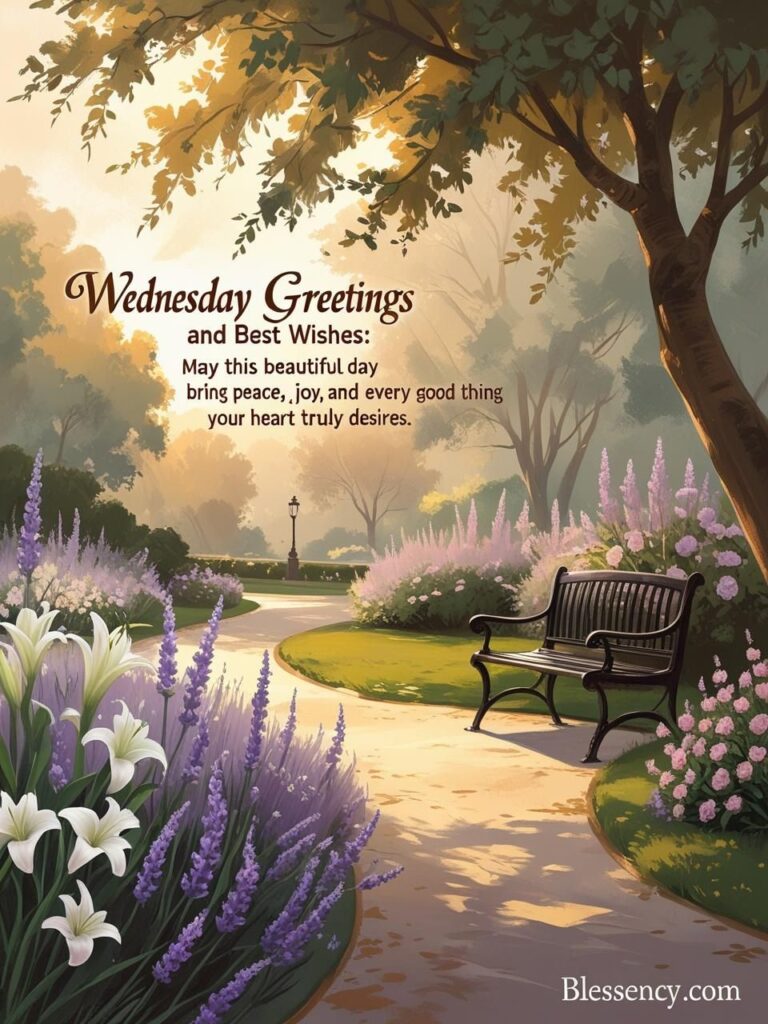 “Wednesday Greetings and Best Wishes image with elegant garden path, soft dawn light, classic text overlay, and Blessency.com watermark for social sharing.”