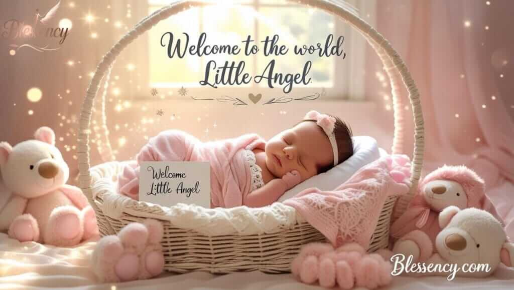 “Welcome to the world little angel quote image featuring a sleeping baby girl wrapped in soft pink blanket — emotional baby girl quotes short and heartfelt, perfect for cards, showers, and nursery décor.”