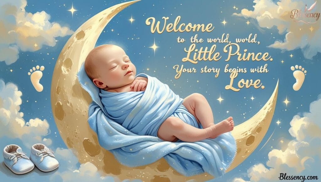 Heartfelt baby boy quote image featuring a newborn wrapped in blue, with stars and clouds. Includes welcome baby boy quotes, it’s a boy sayings, and emotional lines like “Welcome to the world, little prince” — perfect for blessing posts on blessency.com.