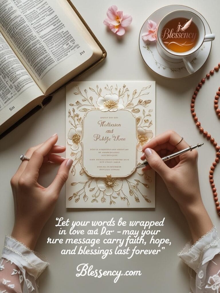 What to write in a religious wedding card — elegant flat lay with handwritten message, spiritual elements, and blessency.com overlay