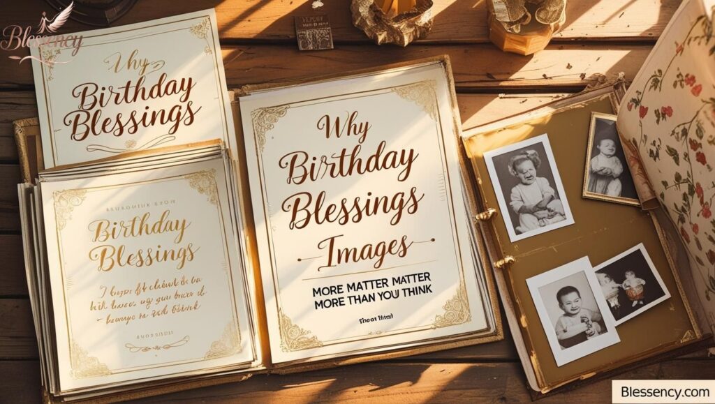 Vintage-inspired birthday blessings images on a wooden table with blessing cards and photo album, highlighting why these images matter emotionally.