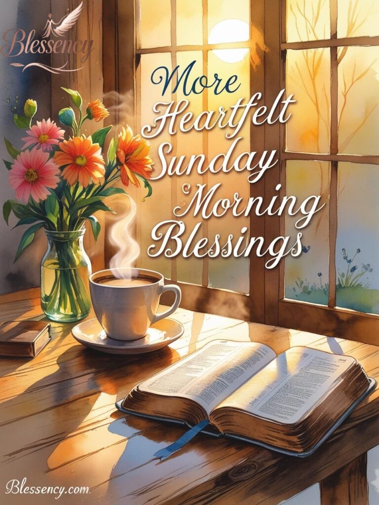 “Warm inspirational good morning sunday blessings image with coffee, Bible, sunrise and flowers, overlaid heartfelt blessing quote and Blessency.com branding”

