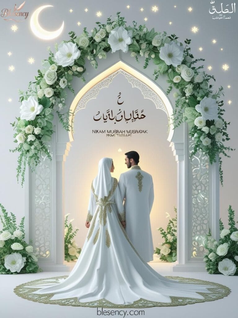 Islamic wedding wishes image with Muslim couple, crescent moon, floral arch, and Nikah Mubarak message — blessency.com branding included