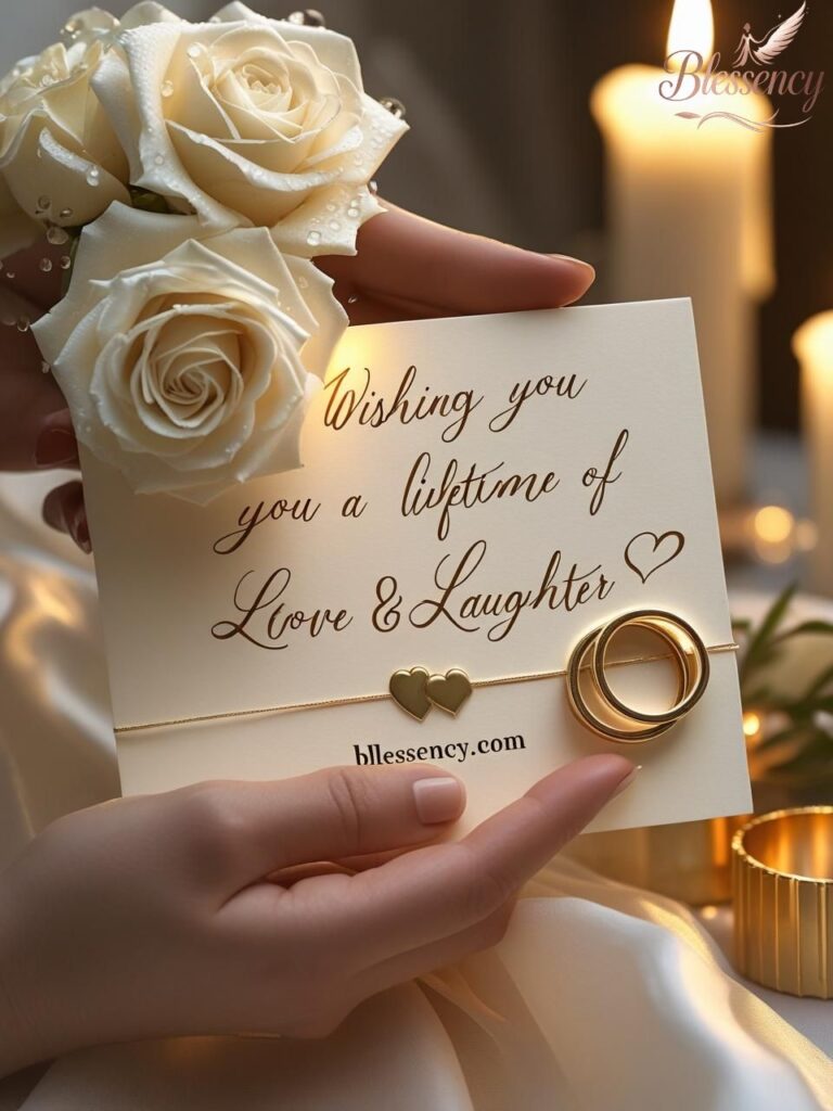 “Wedding card with handwritten message surrounded by roses and rings”

