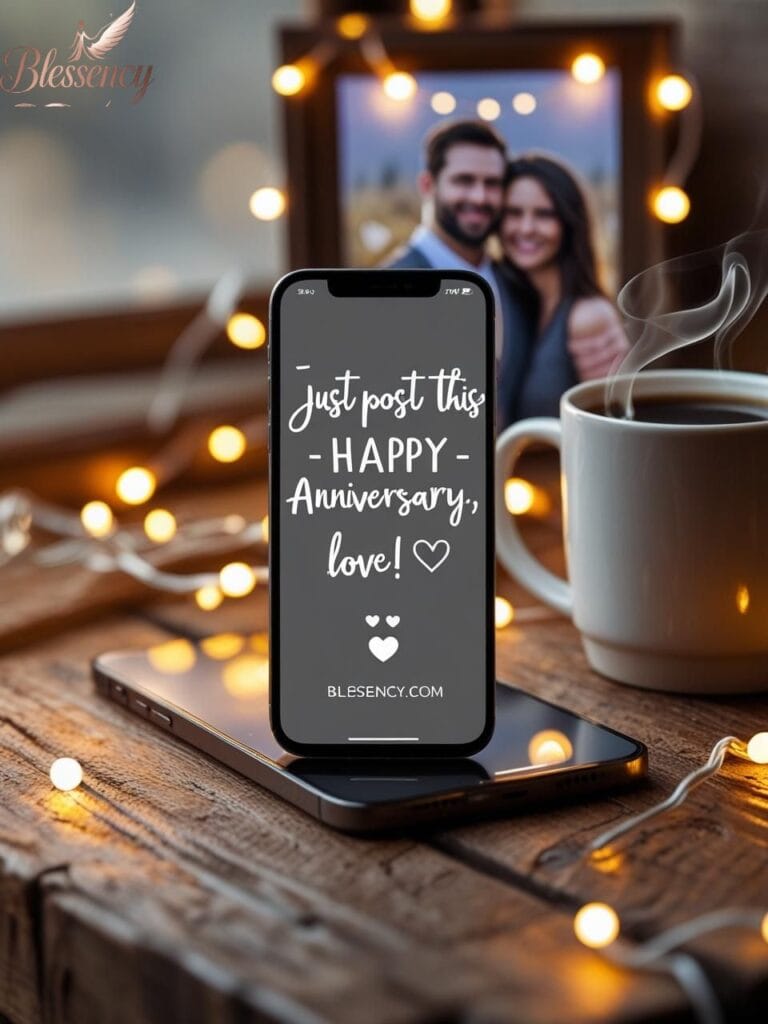 "Beautiful social media-style image for anniversary text messages and captions with smartphone and coffee, including blessency.com branding"
