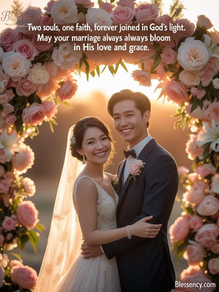Best religious wedding wishes photo of couple under wedding arch with spiritual quote overlay for Christian marriage blessings.