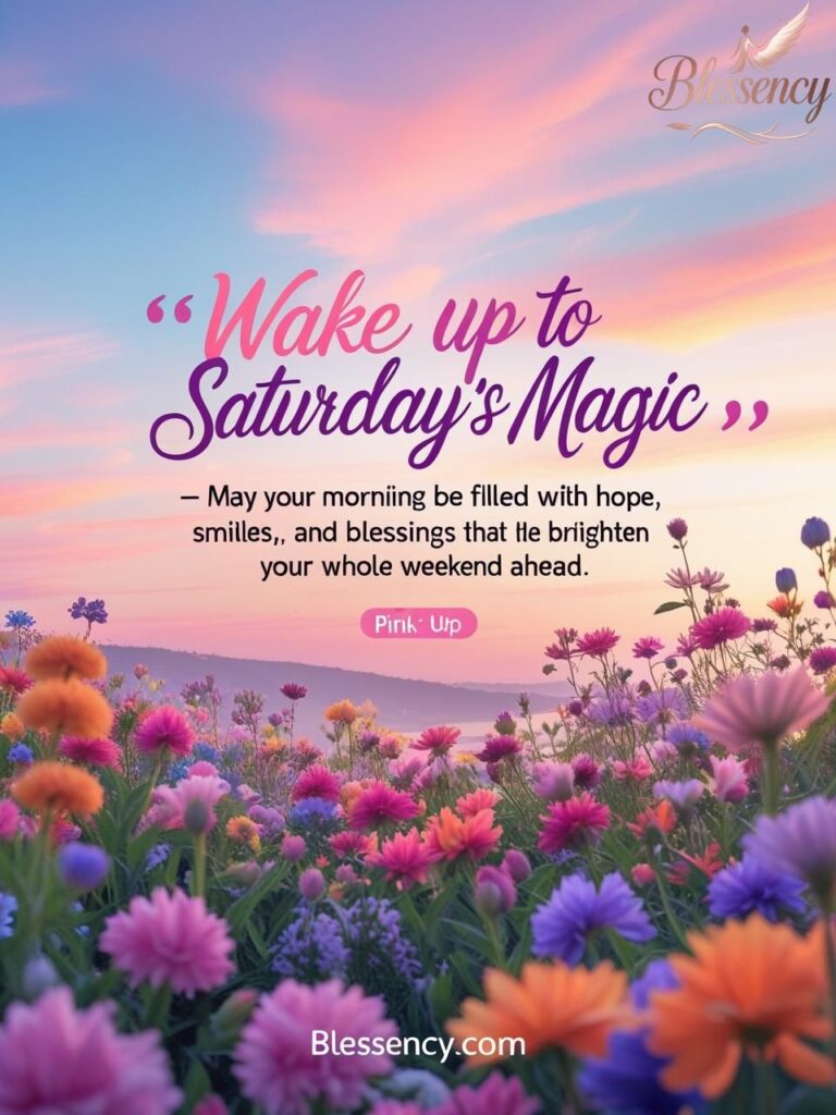 Colourful inspirational Saturday morning blessing image with pastel sky, flowers, bright motivational quote overlay and Blessency watermark.