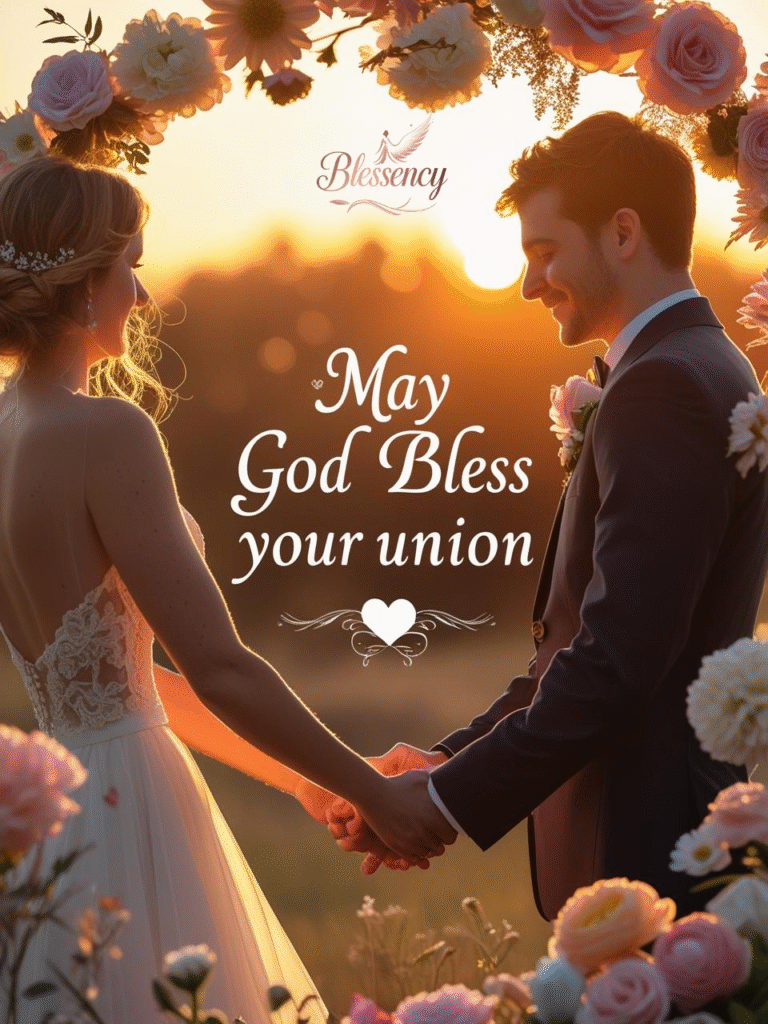 Beautiful Christian wedding couple with text 'May God Bless Your Union' — spiritual marriage blessing image for wedding cards and blogs.