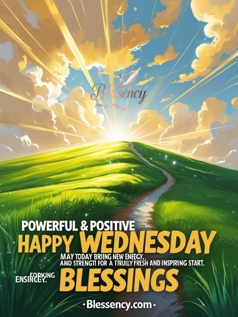 “Powerful & Positive Happy Wednesday Blessings image with bright sunrise over green field, motivational text overlay, and Blessency.com watermark for social sharing.”