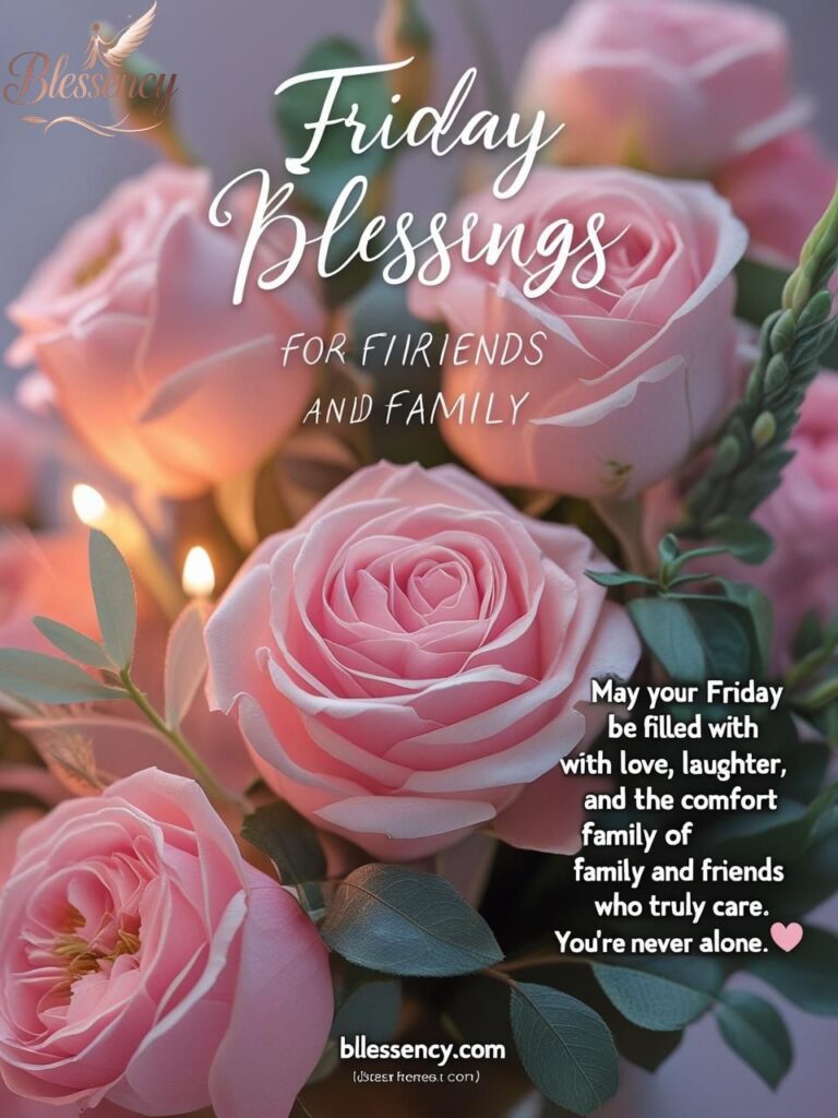 Heartwarming Friday blessings for friends and family with soft flowers and comforting words. Ideal for sharing Friday blessings from Blessency.com.
