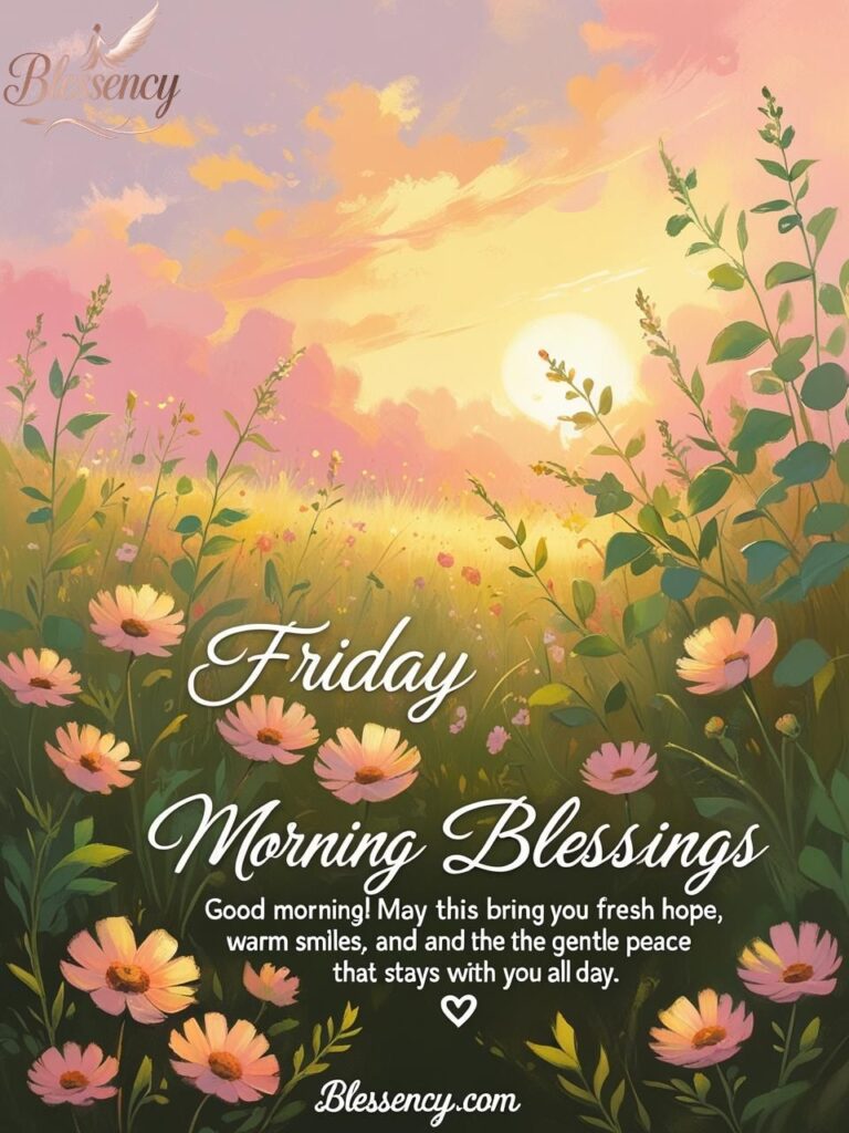 Friday morning blessings with gentle sunrise colors and hopeful prayer text for sharing positive Friday blessings with friends and family on Blessency.com.