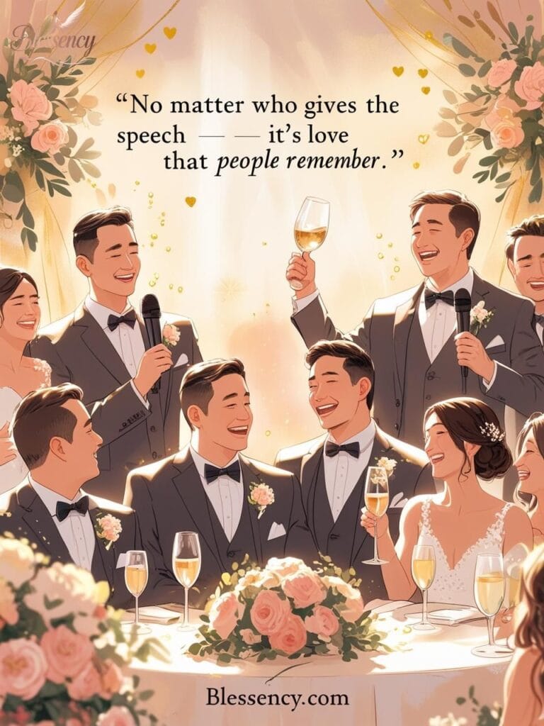 Emotional wedding reception where dad, best man, and officiant deliver heartfelt speeches — perfect inspiration for wedding speech examples – Blessency.com