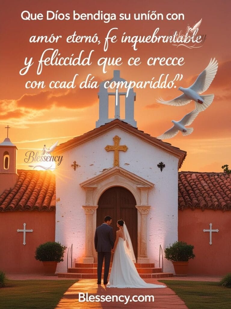 Spanish religious wedding wishes image — couple by Spanish-style chapel with Christian symbols and blessency.com branding overlay