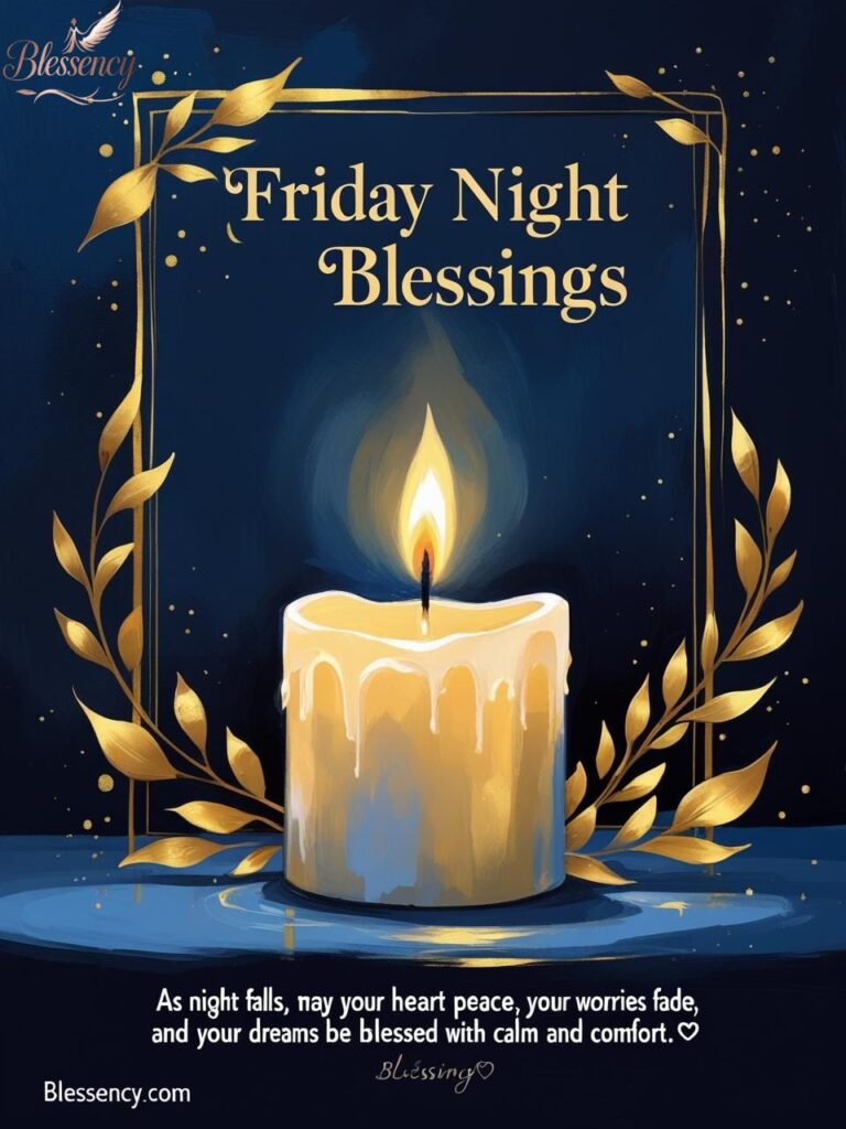 Peaceful Friday night blessings with calming candle glow and heartfelt prayer text. Perfect for sharing evening Friday blessings on Blessency.com.