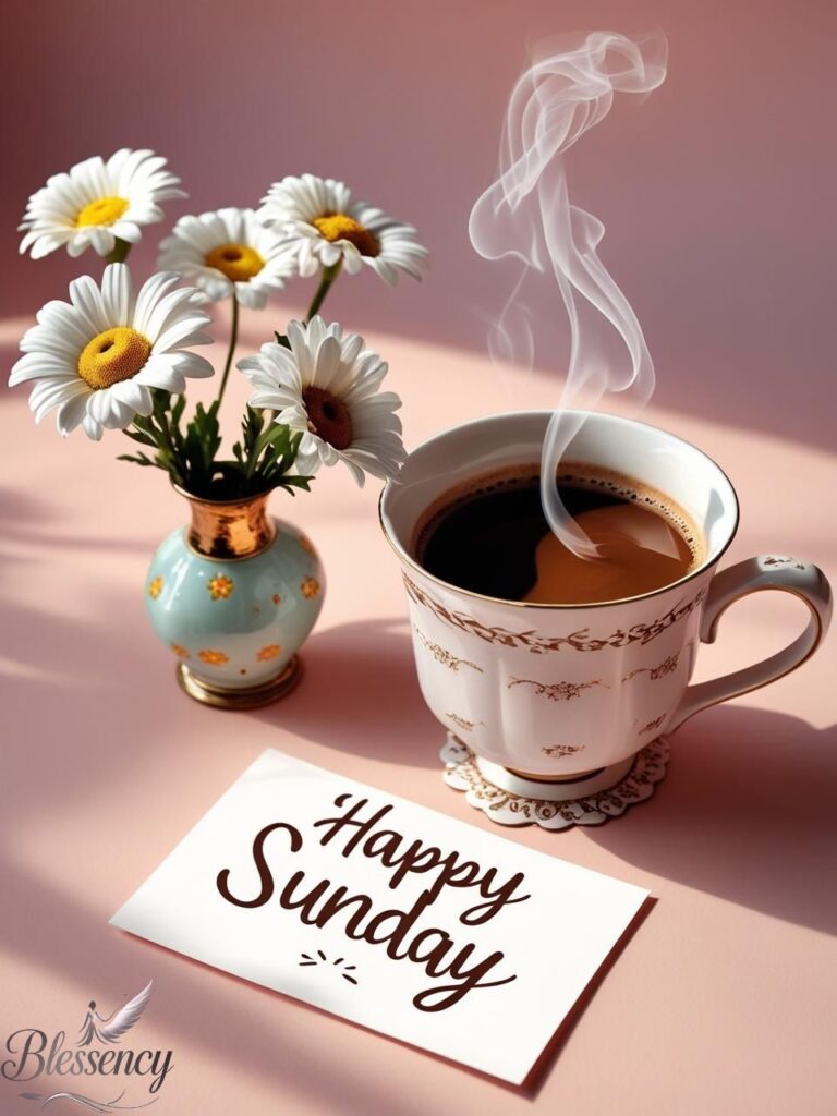 Happy sunday blessing card with Tea and Flowers