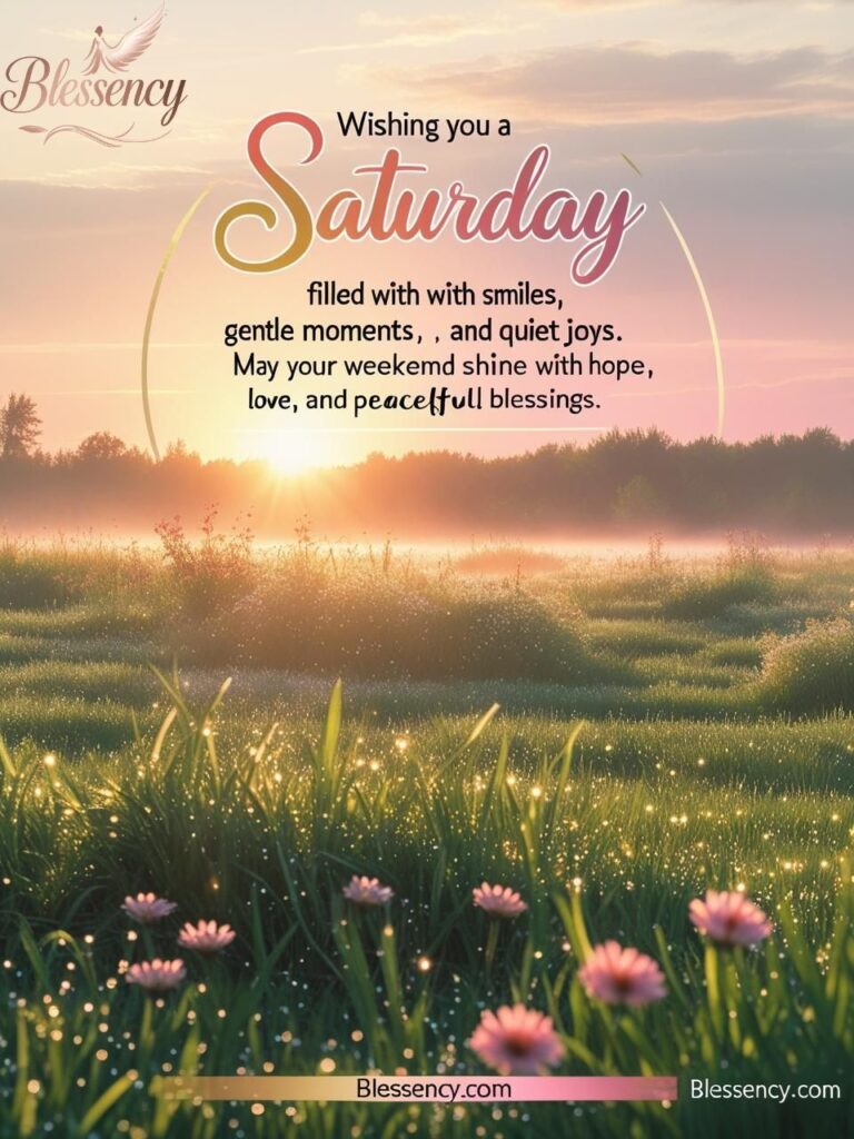 Beautiful Saturday good morning wishes image, emotional blessing text overlay, sunrise over meadow with wildflowers, Blessency watermark