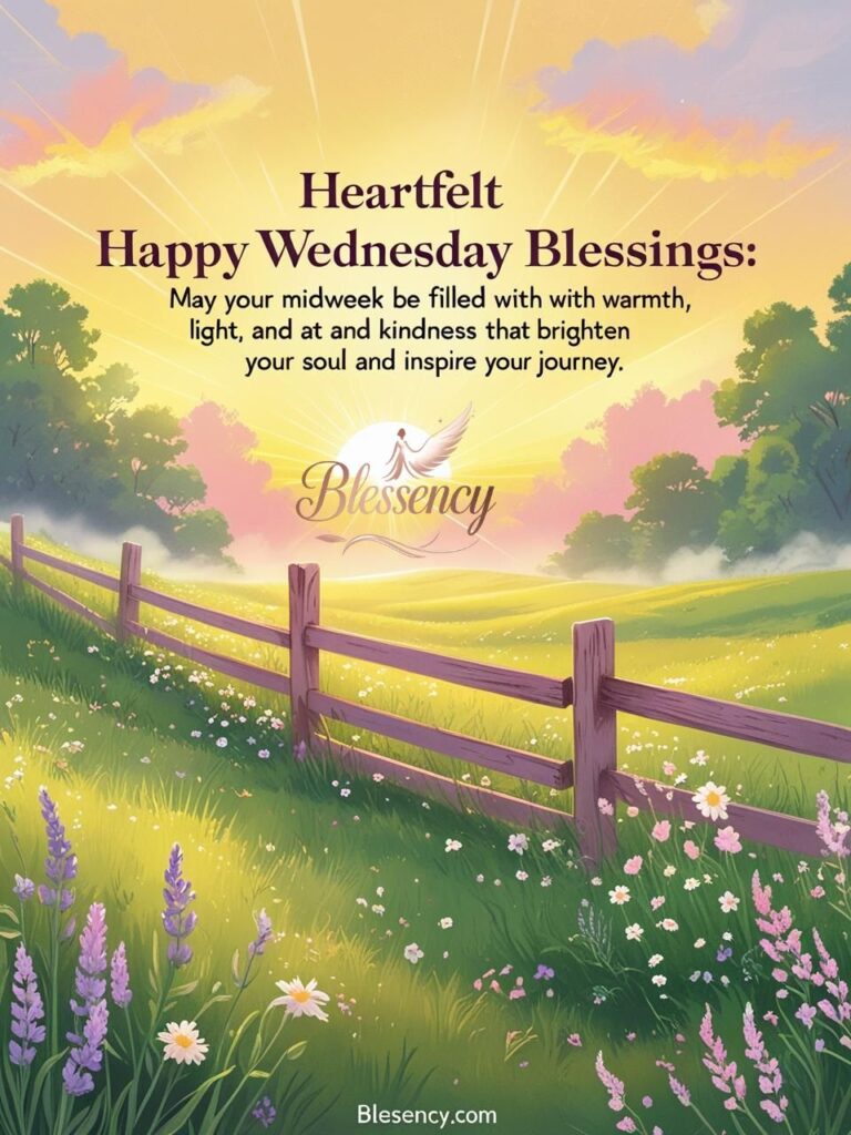 “Heartfelt Happy Wednesday Blessings image with radiant sunrise, lush meadow, uplifting text overlay, and Blessency.com watermark to brighten midweek for social sharing.”