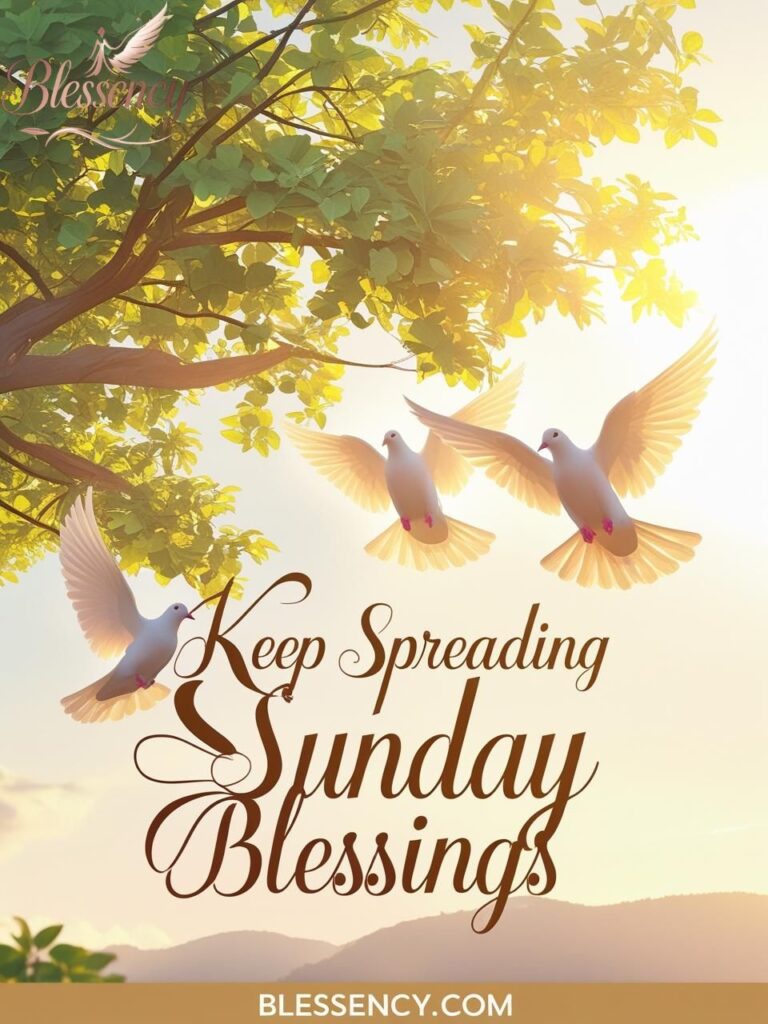 “Uplifting inspirational good morning sunday blessings image with sunrise, doves, and heartfelt text ‘Keep Spreading Sunday Blessings’ plus Blessency.com branding”


