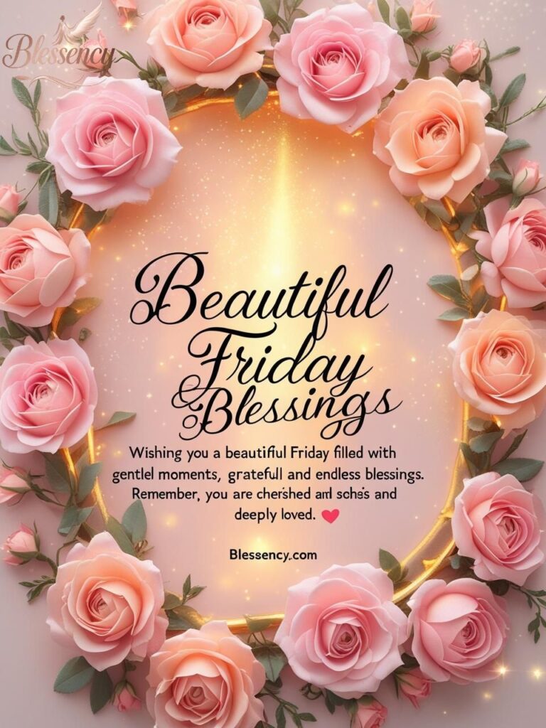 Beautiful Friday blessings image with soft floral glow and uplifting prayer text to share faith and kindness. Perfect for Friday blessings wishes on Blessency.com.