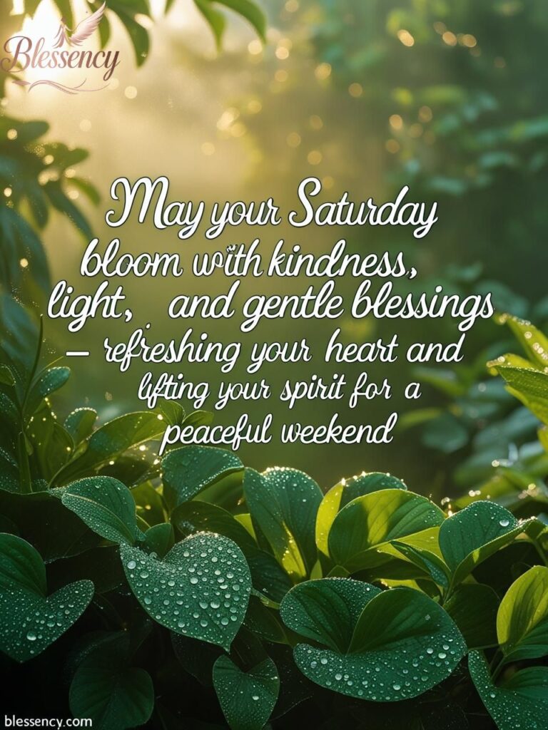Fresh green Saturday morning blessing image with dew-kissed leaves, sunlight, uplifting quote overlay and Blessency.com watermark.
