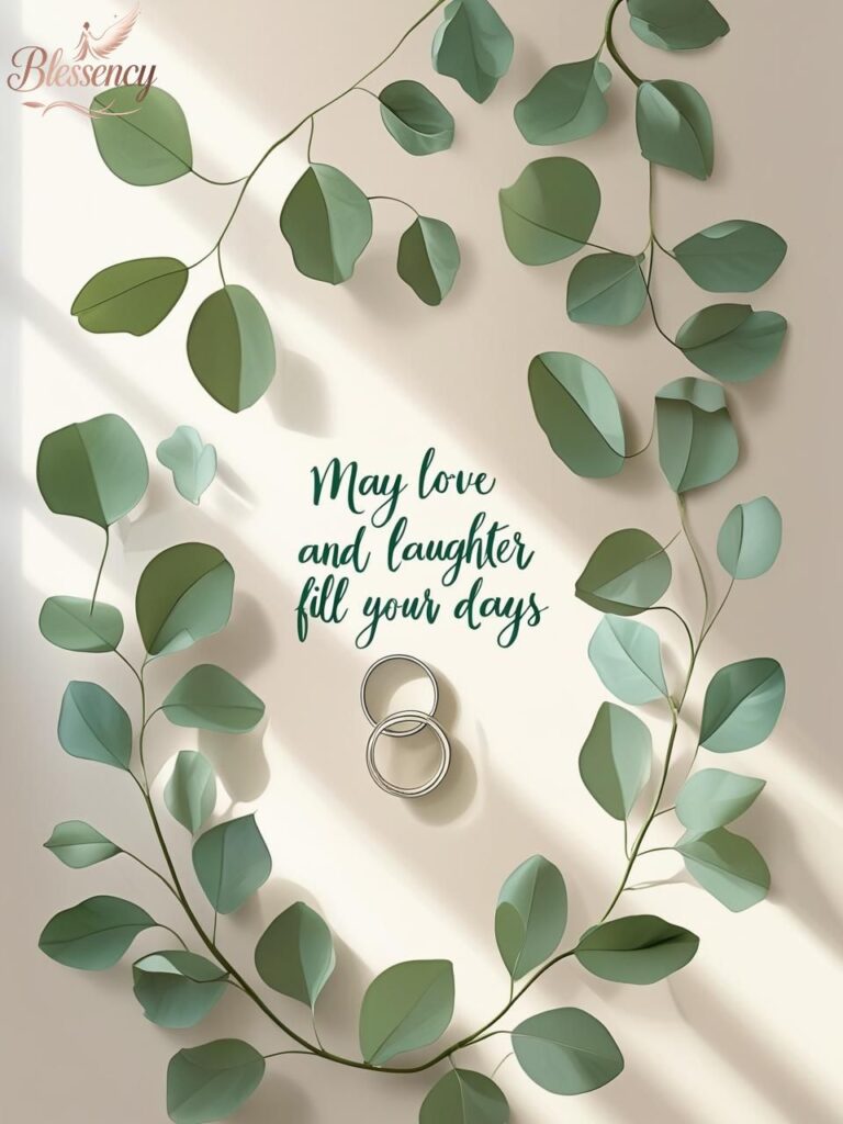 Simple wedding blessing image with greenery, rings, and message overlay “May love and laughter fill your days” — perfect for wedding card or Pinterest pin.