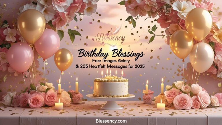 Beautiful pastel birthday blessings images with cake, flowers, balloons, and heartfelt text overlay, perfect for sharing free blessings in 2025.