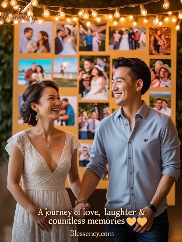 "Anniversary couple celebrating years of marriage with photo wall, glowing lights, and heartfelt message – blessency.com"
