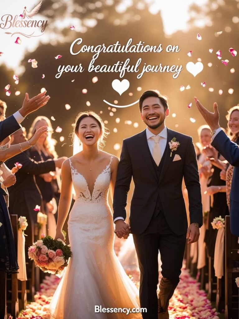“Wedding congratulations image with bride and groom walking down the aisle”

