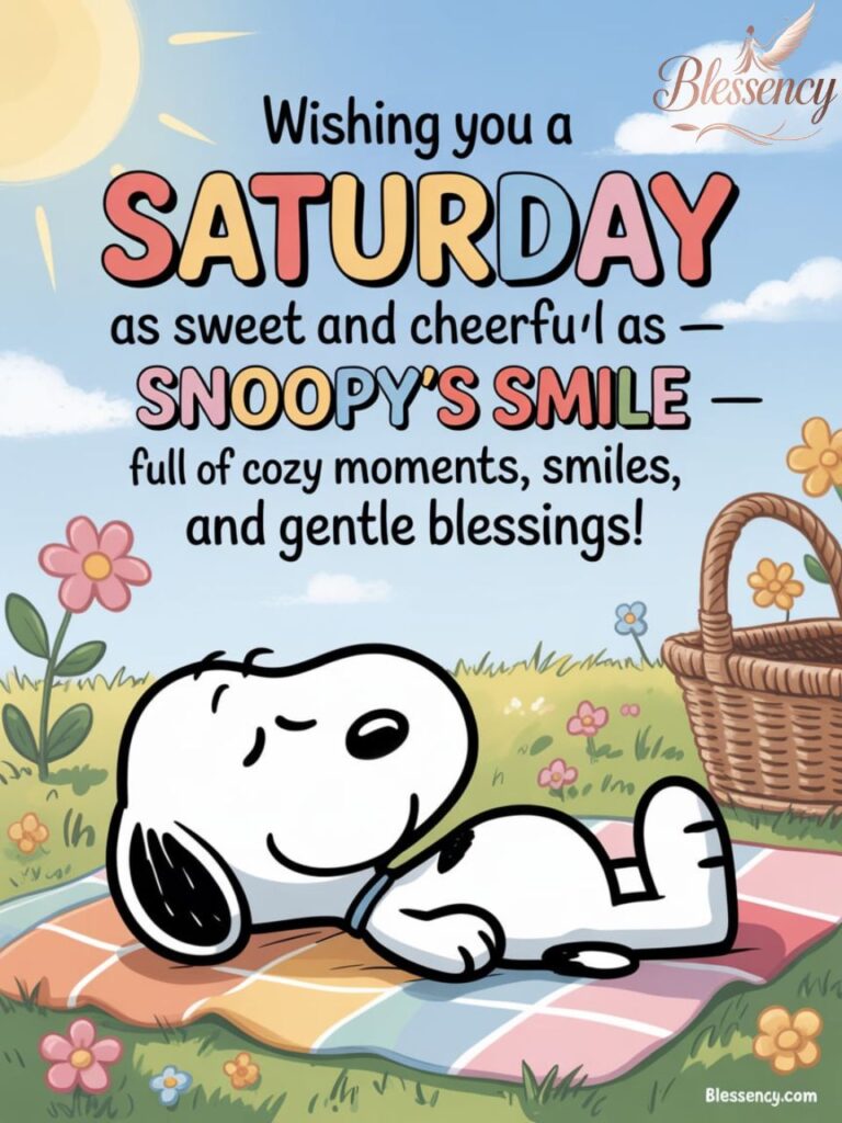 Cute Snoopy cartoon wishing good morning Saturday blessings, colourful background, cheerful quote overlay and Blessency.com watermark.