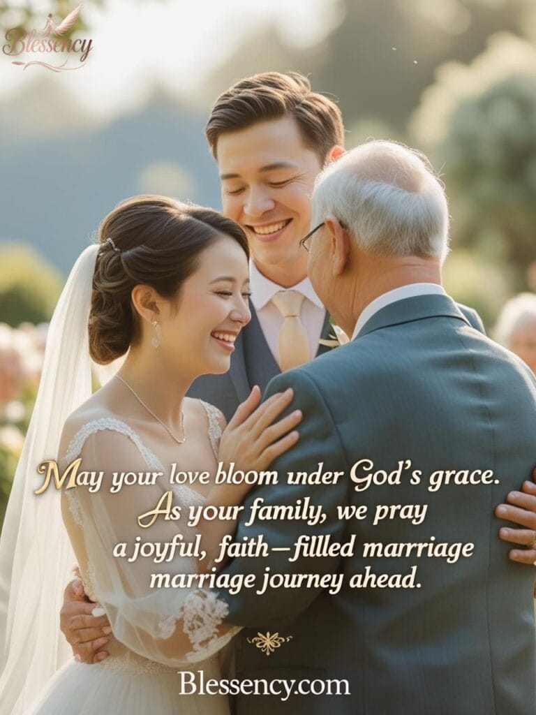 Godly wedding blessings for niece and nephew — emotional Christian family moment with quote and blessency.com branding overlay