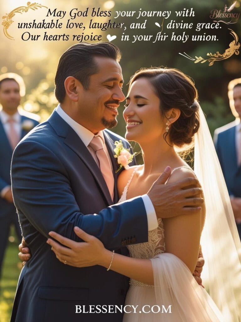 Religious wedding blessing image for daughter and son-in-law — emotional family moment with Christian quote and blessency.com branding