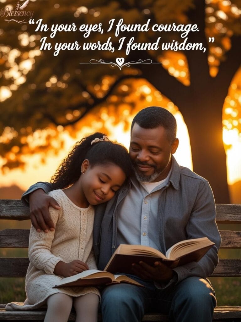 A warm and emotional moment between a father and daughter sitting on a bench at sunset, symbolizing wisdom, love, and pride in their relationship. The daughter holds a book while the father gently rests his hand on her shoulder. A golden tree in the background adds a touch of timeless wisdom.