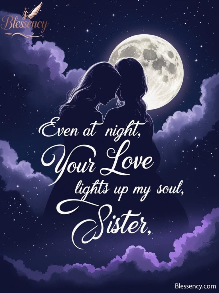 A soft pink and lavender good night image featuring a glowing moon and a heartfelt quote that says, “Sweet dreams, my beautiful sister. You light up my nights with your love.” This bedtime design from Blessency.com visually expresses sweet good night wishes for sister, heart-touching emotional messages, cute bedtime quotes, and sister love. Ideal for Pinterest sharing, emotional sister quotes, restful night messages, spiritual good night blessings, and comforting bedtime thoughts — optimized for a U.S. audience seeking to end the day with warmth and connection.
